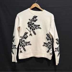 Halogen Womens Ivory Black Sequin Floral Long Sleeve Knit Sweater Small